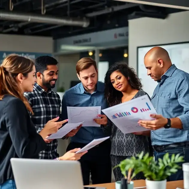 Equipe analisando relatórios de vendas em uma reunião