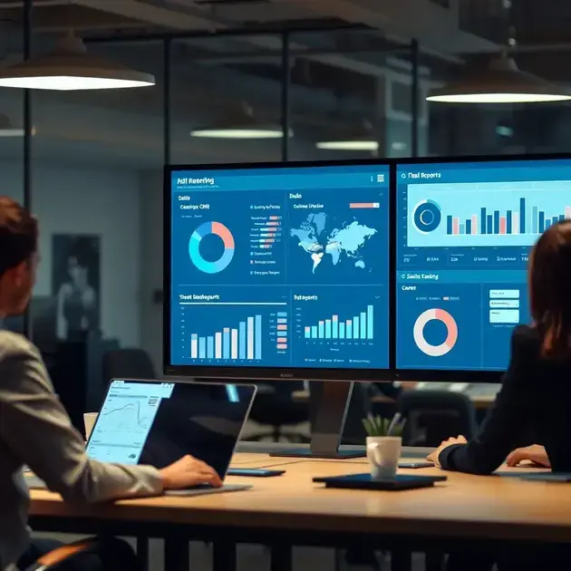 Dashboard com indicadores comerciais em CRM